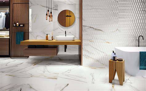 Beeld van marmerlook badkamertegels in showroom