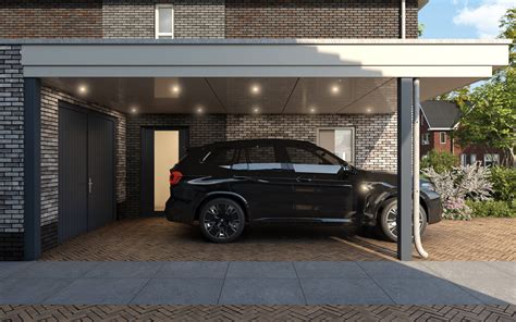 Illustratie van een moderne carport aan een woning, met een auto eronder geparkeerd.