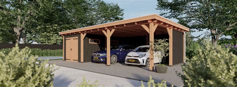 Stapsgewijze illustratie van de montage van een houten carport.