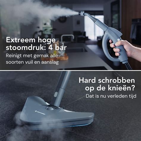 Afbeelding van de tapijtglijder die op de stoomreiniger is bevestigd, klaar voor gebruik op een vloerkleed.