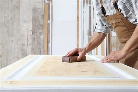 Gedetailleerde foto van het ontvetten en schuren van een houten binnendeur.