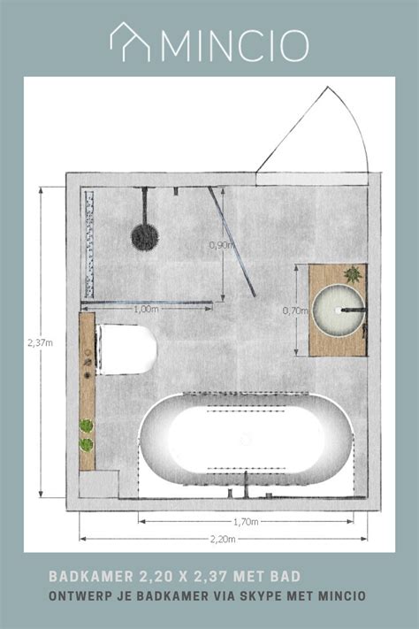 Plattegrond van een smalle badkamer met lineaire indeling.