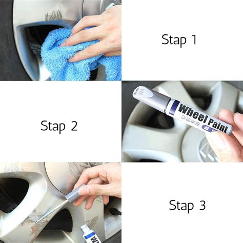Infographic die de stappen van lakstift reparatie illustreert: schuren, primer, kleurlak, blanke lak.