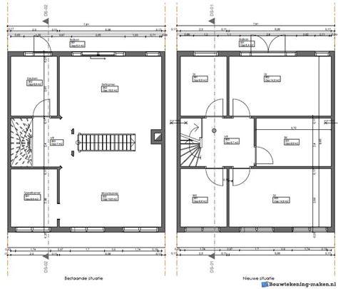 Voorbeeld bouwtekening met plattegrond en doorsneden