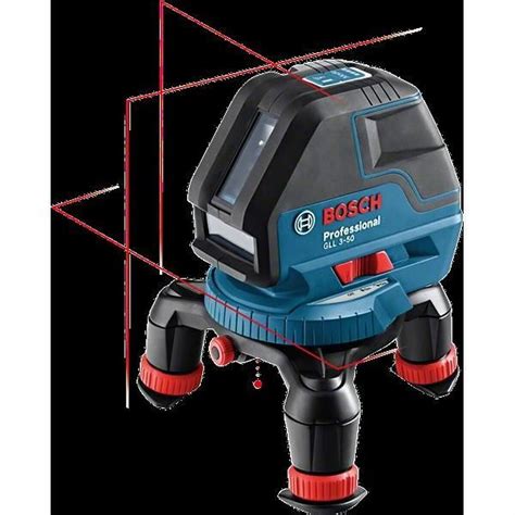 Illustratie van de Bosch GLL 3-80 laserwaterpas die horizontale en verticale lijnen projecteert op een muur, met de multifunctionele standaard eronder.