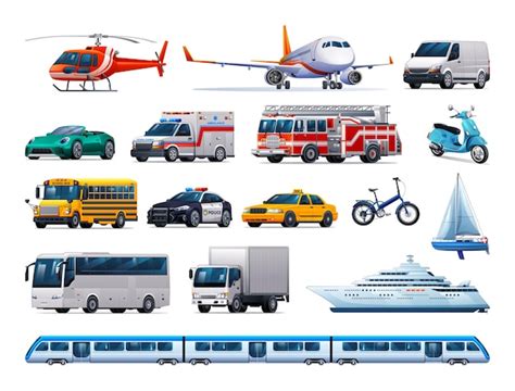Infographic met verschillende soorten voertuigen die op behang afgebeeld kunnen worden, zoals auto's, treinen, vliegtuigen en vrachtwagens.