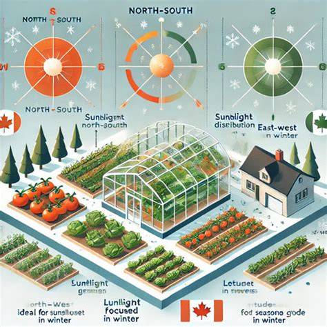 Map of optimal greenhouse orientation (north-south ridge, south-facing door)