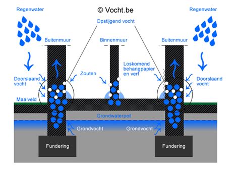 Illustratie van doorslaand vocht en opstijgend vocht in een gevel.