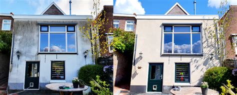 Voorbeelden van schade aan gevels door weersinvloeden (scheuren, mos, verkleuring).