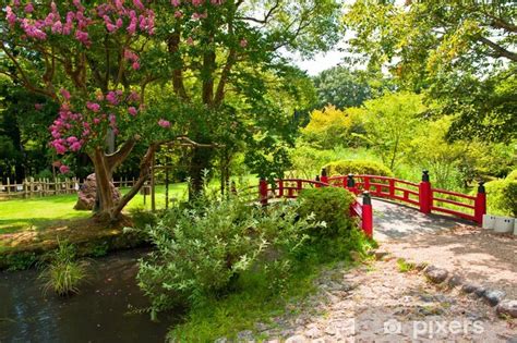 Japanse tuin fotobehang - zijaanzicht van bamboepad en kersenbloesems