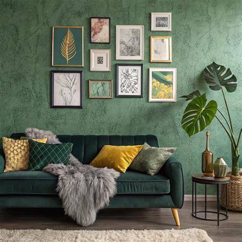 Illustratie van verschillende groene behangstijlen in een woonkamer