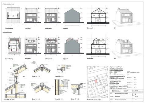 Voorbeeld van een dakkapel bouwtekening met maatvoering en technische details.