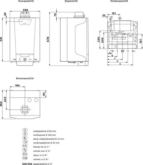 Schematische weergave van de compacte afmetingen van de Remeha Tzerra Ace CV-ketel