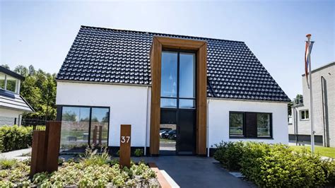 Voorbeeld van een woning met een nette gevelafwerking van gegrond multiplex onder een overkapping.