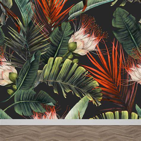 Voorbeelden van botanisch behang met bladeren en bloemen
