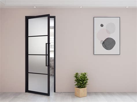 Illustratie van een moderne woonkamer met een stompe binnendeur met melkglas, die licht doorlaat maar privacy biedt.
