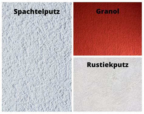 collage van verschillende soorten sierpleister (spachtelpoets, granol, rustiekputz)