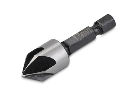 Illustratie van een verzinkboor die een conische uitsparing creëert in metaal.