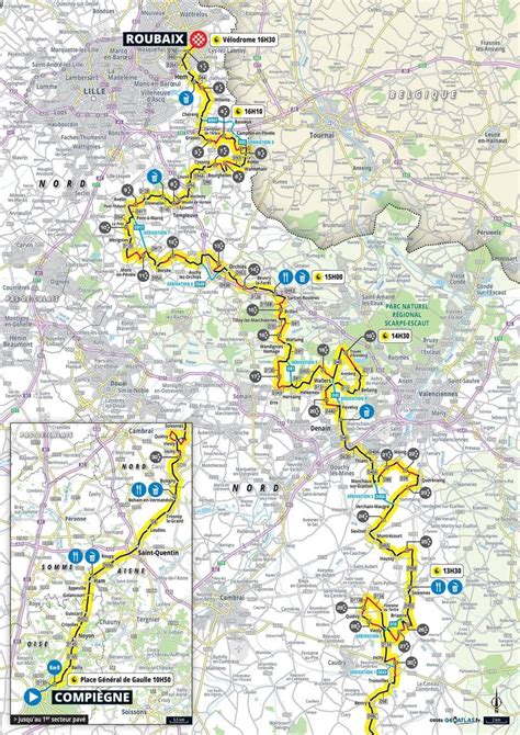 Parijs-Roubaix kaart van de kasseistroken en finish