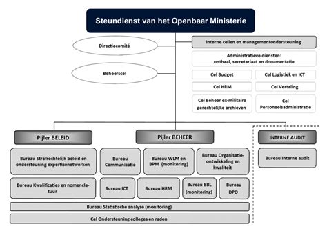 Schema van de structuur van het Openbaar Ministerie (parket) en zijn rol in het strafrechtelijk proces