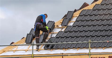 Illustratie van een dakdekker die betonnen dakpannen inspecteert op schade en mosgroei