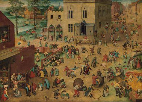 Voorbeeldillustratie uit Bruegel-werk over kinderspelen en knikkers