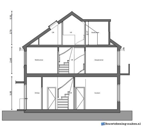 Gekleurde doorsnedetekening van een dakkapel met aanduiding van dragende en nieuwe constructiedelen.