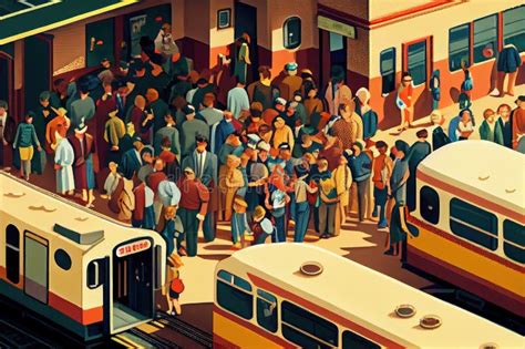 Illustratie van een drukke beurs met demonstraties