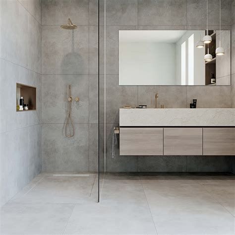 Voorbeelden keramische tegels Tilestone Shape Cement en Shower Concrete Grey