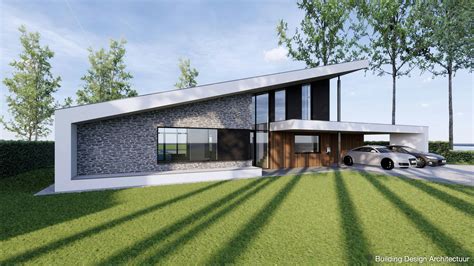 Illustratie van een woning met een moderne aanbouw van twee verdiepingen