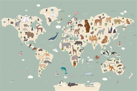 Afbeelding: Wereldkaart met kleurrijke dieren per continent, in kontureel snijlijnmodel