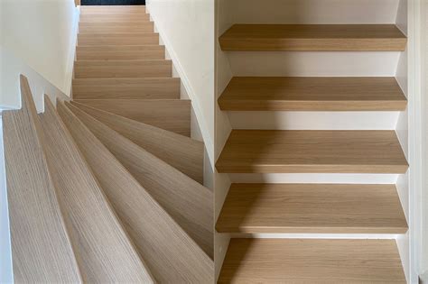 Voorbeelden van verschillende trapbekledingsmaterialen zoals laminaat, PVC en eikenhout