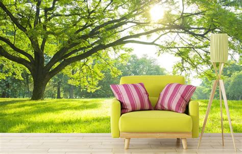 Visualisatie van een kamer met groen fotobehang dat een rustgevende sfeer creëert.