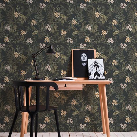 Illustratie van het Decomode Bloesem Jade vliesbehang met bloesemdessin in groentinten