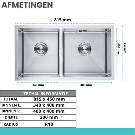 Infographic: Kenmerken en afmetingen van de O.novo dubbele spoelbak 90x90 cm