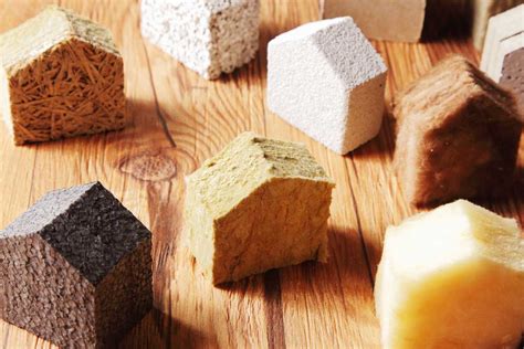 Collage van verschillende isolatiematerialen: PIR, XPS, glaswol, steenwol, EPS en houtvezel.