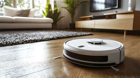 Illustratie van een robotstofzuiger die aan het werk is in een woonkamer na een verbouwing.