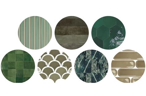 Collage van diverse groene wandtegels in verschillende stijlen en afwerkingen.