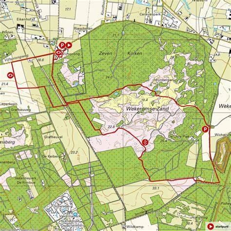 Kaart van Wekeromse Zand met parkeerpunten en wandelroutes