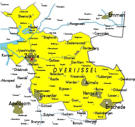Kaart van Overijssel met regio's Zwolle en Raalte