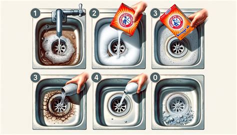 infographic met stappenplan voor het reinigen van een afvoer met baking soda en azijn