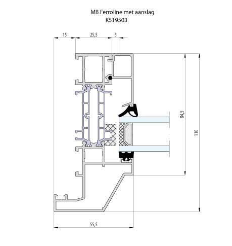 Schematische weergave van een aluminium kozijnprofiel met onderdorpel