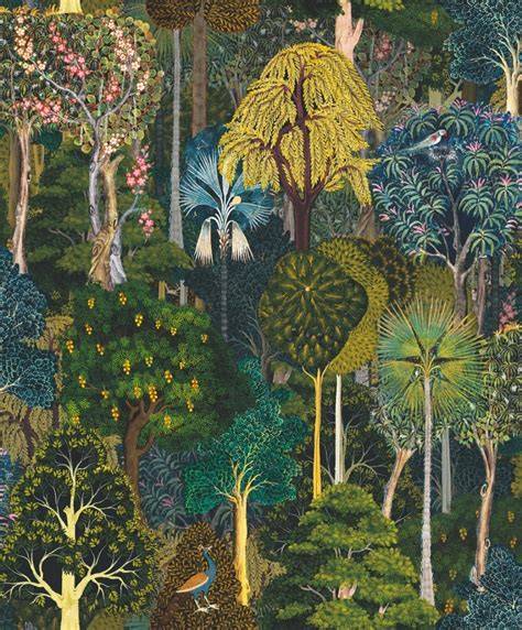 Een illustratieve afbeelding van Nijntje behang met bomen en bosdieren in groene tinten.
