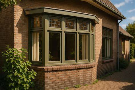 Illustratie van een typische jaren 30 erker en glas-in-loodramen