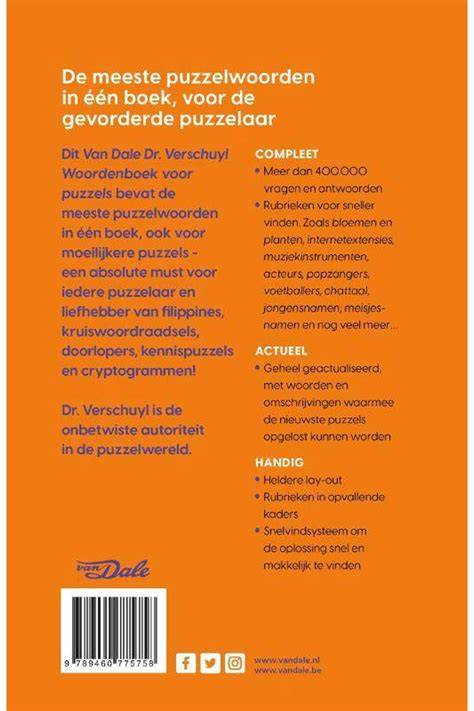 <h3>Versies en varianten</h3><p>Van Dale Dr. Verschuyl Woordenboek voor puzzels is bedoeld voor liefhebbers van filippines, kruiswoordpuzzels, doorlopers, kennispuzzels en cryptogrammen. Het woordenboek voor puzzels Klein is handig voor onderweg of op vakantie, Groot en Extra Groot zijn groter van formaat en daarom ideaal voor thuis.</p><tagimg>Overzicht van de verschillende edities: Klein, Groot en Extra Groot.