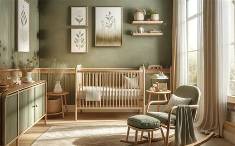 Wandvullende foto van een neutrale babykamer met groen accenten