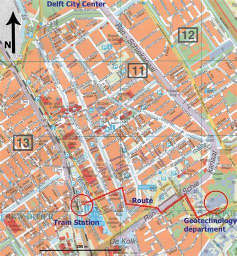 Kaart van Delft met Vermeer-locaties en betekenisvolle gebouwen