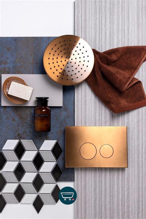 Een moodboard met verschillende tinten blauwe tegels en bijpassende badkameraccessoires.