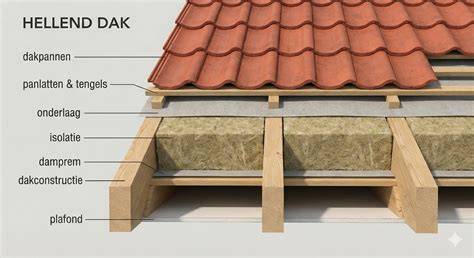 Schematische opbouw hellend dak met isolatie en dampscherm