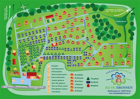 Plattegrond bungalowpark Eb en Vloed met aanduiding van de ligging van de bungalow en het terras op het zuiden